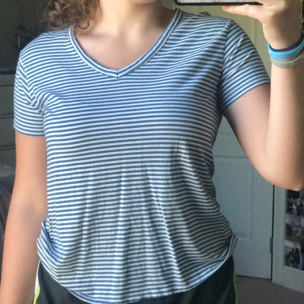 baby blue & white striped v neck.